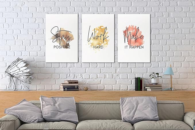 SHMAO Office Canvas Wall Art Motivational Wall Decor, 3 Piece Stay Work Make Print Pictures for Office Wall Decor Women Inspirational Framed Artwork Home Office Decor 12”x18”x3 Panels