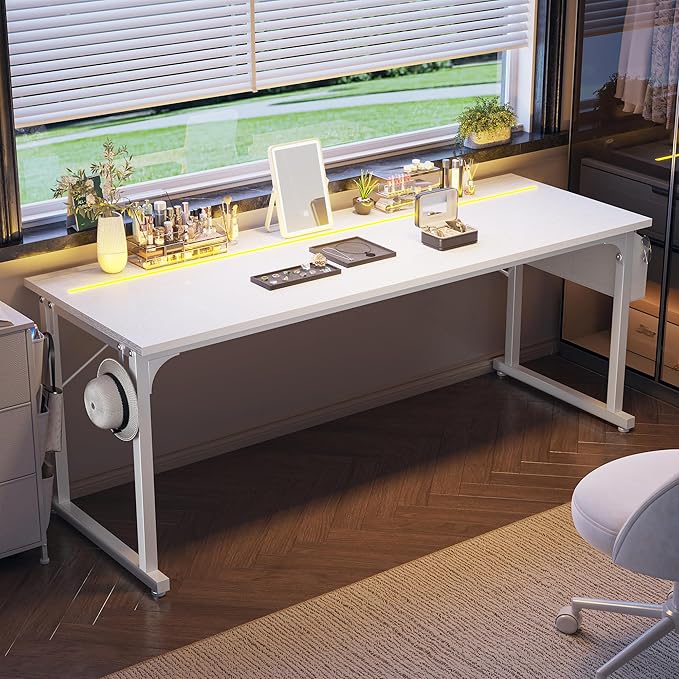 71 Inch Computer Desk with LED Lights, Office Desk for Home Office, Study Desk Writing Table with Storage Bag, Headphone Hook, White