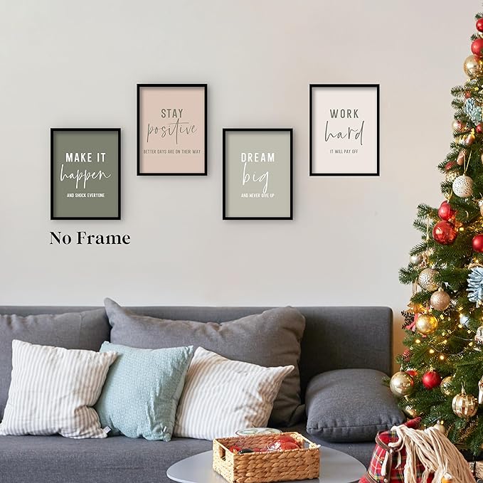 QLMX Office Inspirational Wall Art Prints Set of 4, Boho Motivational Make It Happen Stay Postive Prints Wall Decor for Office, Positive Quotes Poster for Home 12”x16” Unframed
