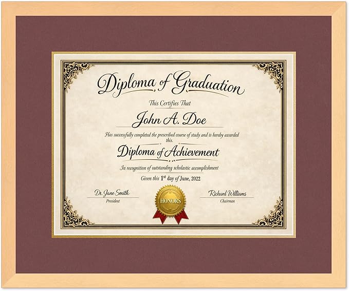 Diploma Frame Natural Wood with Dark Red Over Gold Double Mat - Fits 17 x 13 International Diploma Wall Display Made in the USA