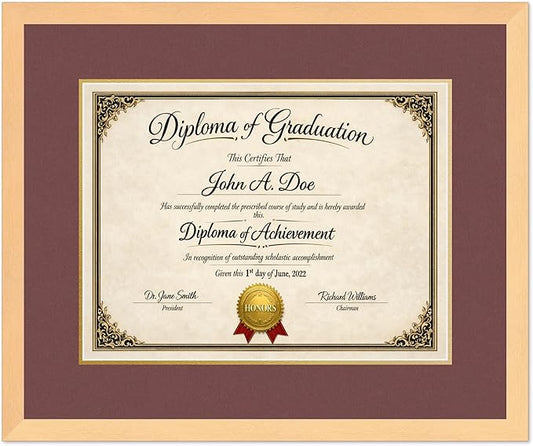Diploma Frame Natural Wood with Dark Red Over Gold Double Mat - Fits 17 x 13 International Diploma Wall Display Made in the USA