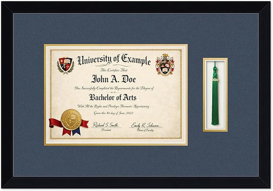 CountryArtHouse Diploma and Tassel Frame Fits 11.69 x 8.27 A4 Certificate with Tassel Hoo Matte Black Genuine Hardwood Shadowbox with Navy Blue Over Metallic Gold Double mat