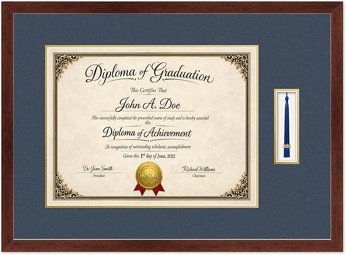 Diploma Frame with Tassel Holder Rustic Walnut Shadowbox Navy Blue Over Gold Mat - Fits 17 x 13 Degree Made in the USA