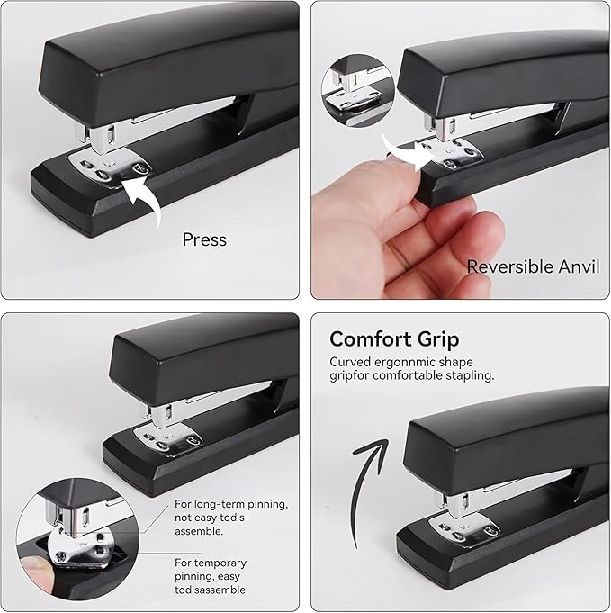 Black Desk Accessories, Office Supplies Set with Stapler, Tape Dispenser, Staple Remover, Pen Holder, Scissor, Binder/Paper Clips, Ballpoint Pen, Clear Tape and 1000pcs Staples