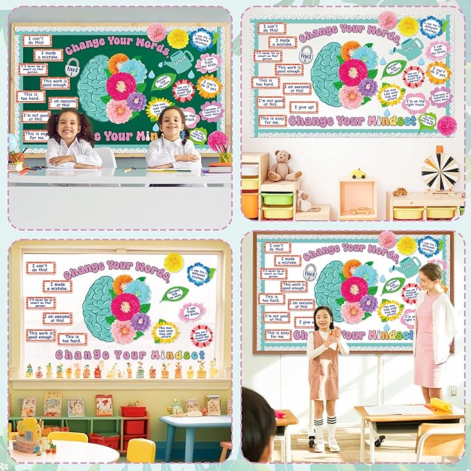 Growth Mindset Bulletin Board Decoration Flower Change Your Words Spring Brain Bulletin Board Set Cutouts with 3D Tissue Paper Pompoms Positive Sayings Posters Decor for Back to School Supplies