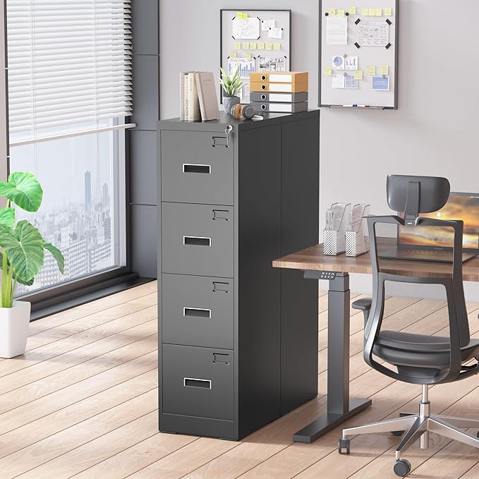 Superday 4 Drawer File Cabinets, 18” D Vertical File Cabinet with Lock, Locking Filing Cabinet for Home Office, Black Metal Filing Cabinets for Hanging Letter/Legal Folders, Easy Assemble