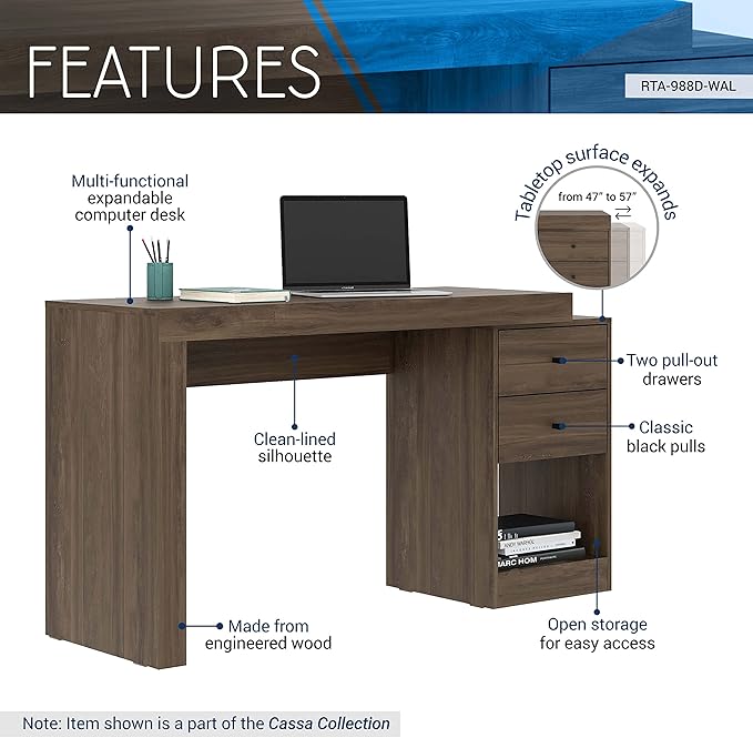 Expandable Desk with Storage Drawers & Open Shelf - Expands from 47 Inch to 57 Inch - Walnut Computer Desk with Printer Space - Modern Home Office Table with Drawers - Techni Mobili Blanco Collection