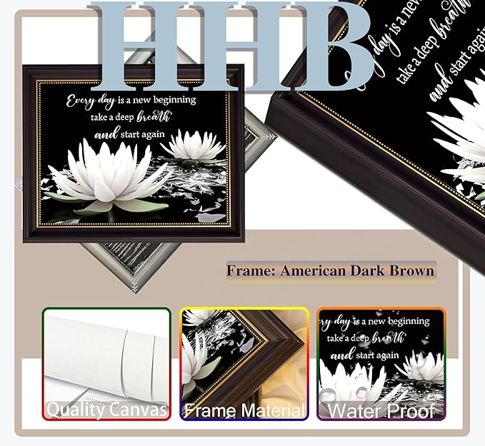 Dark Brown Frame Zen White Lotus Canvas Wall Art On In Water Blooming White Lotus Picture Wall Decor Spiritual Meditation Poster Print Painting for Modern Yoga Spiritual Spa Home Decoration