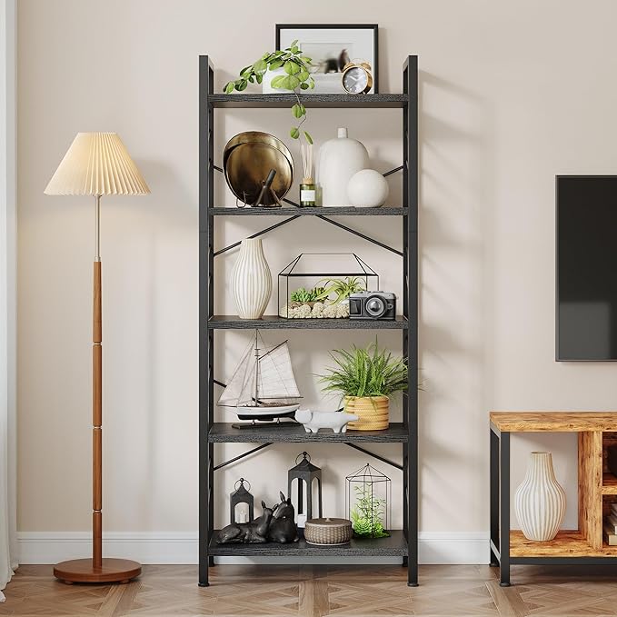 5 Tier Bookshelf, Industrial Tall Bookcase, Modern Display Book Shelf with Metal Frame and Sidebars for Bedroom, Living Room and Home Office, Black