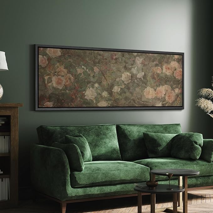 SIGNFORD Large Framed Canvas Vintage White Rose Garden Print Classic Floral Illustrations Modern Art Calm Warm for Living Room, Bedroom, Office - 60"x20"