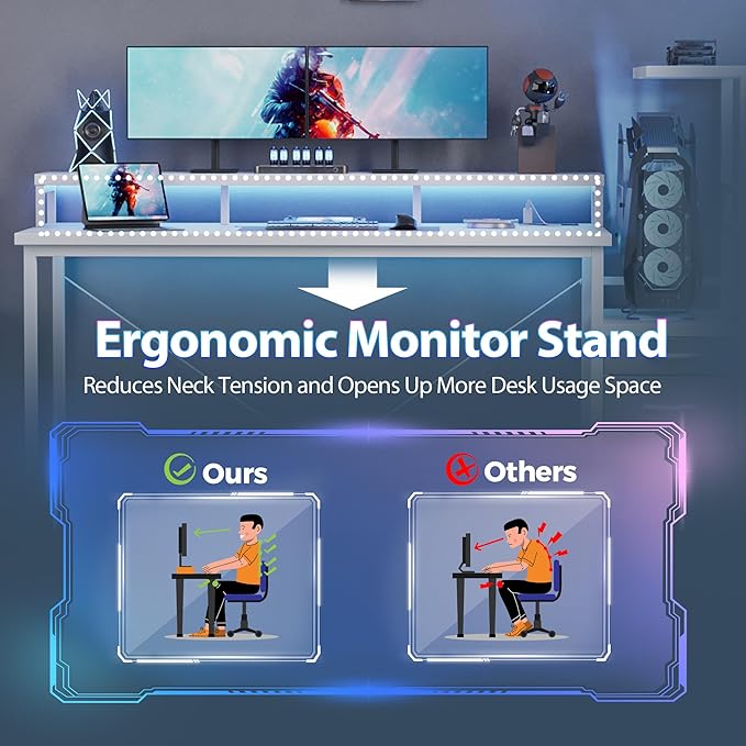 Mericonia Gaming Desk with Power Outlets & LED Lights, Reversible Computer Desk with PC Case Stand, Fabric Drawers, Modern Office Desk with Shelves, Monitor Stand