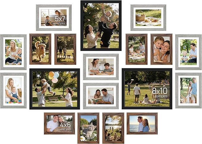 upsimples 19 Pack Picture Frames Collage Wall Decor for Mounting or Tabletop Display, Photo Gallery Frame Set for Family, Multi Sizes Including 8x10, 5x7, 4x6, Black Gray Brown