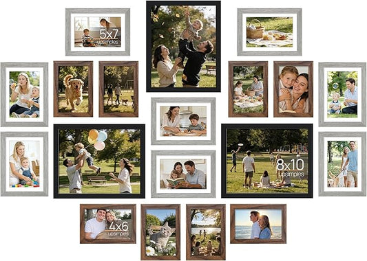 upsimples 19 Pack Picture Frames Collage Wall Decor for Mounting or Tabletop Display, Photo Gallery Frame Set for Family, Multi Sizes Including 8x10, 5x7, 4x6, Black Gray Brown