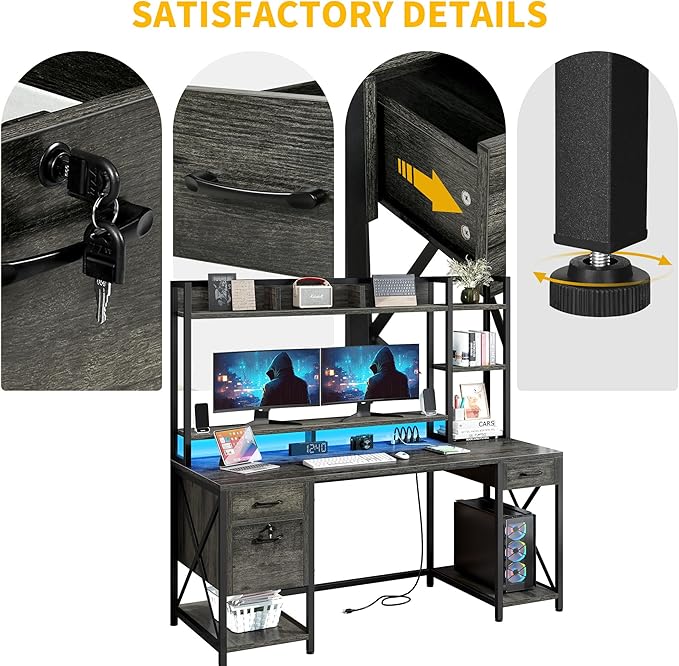 DWVO Computer Desk with Drawers & Hutch, 59.1" Office Desk with Power Outlets & LED Lights, Home Office Desk with Storage Shelves, Grey