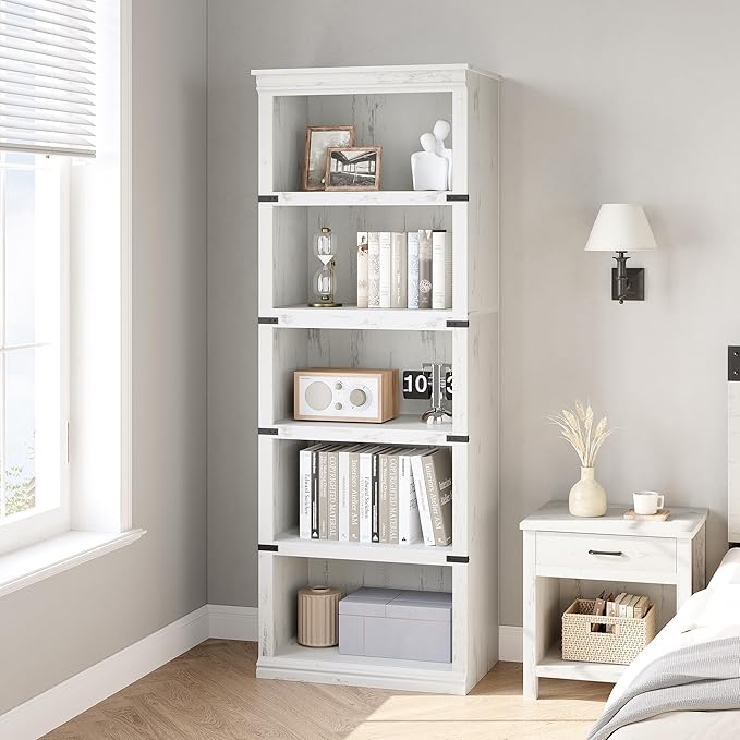 GarveeHome 5 Tier Farmhouse Bookcase, 67.4" Tall Book Shelf with Storage, Wooden Bookshelves 5 Shelf Display Shelves for Home Office(67.4" H x 31.5" W x 12.8" D) (White, 67.4" H x 24.4" W x 12.8" D)
