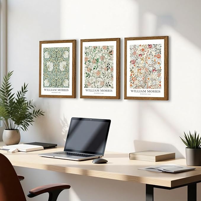 InspiredHues 3 Pieces William Morris Classic Canvas Wall Art, Green Pink and White Floral Design Wall Decor, Vintage Botanical Art Prints for Living Room Office Home Decoration 12x16 inch Wood Framed