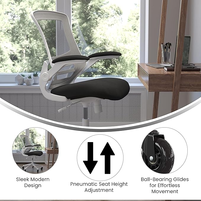 Flash Furniture Kelista Mid-Back Black Mesh Swivel Ergonomic Task Office Chair with White Frame, Flip-Up Arms, and Transparent Roller Wheels
