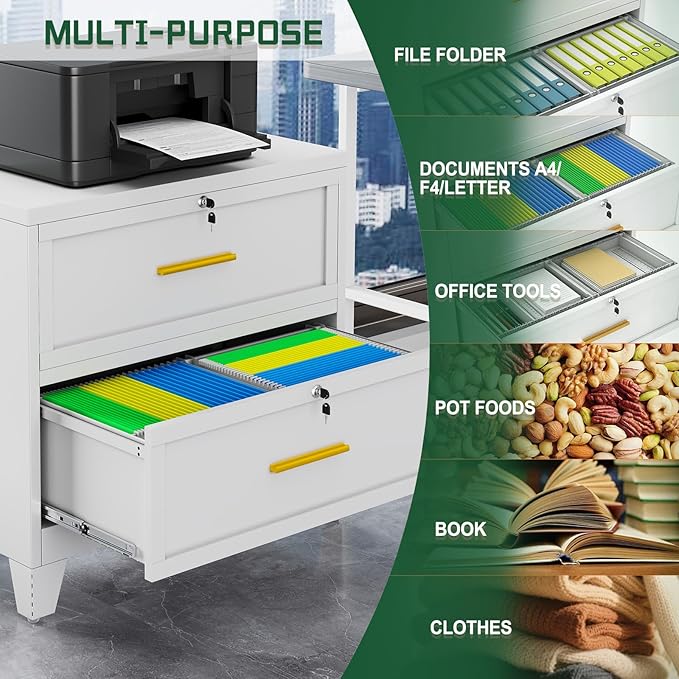 2 Drawer File Cabinet with Lock, Metal Lateral File Cabinets for Home Office, Steel Wide Filing Organization Storage Cabinets, Home Office Furniture for Hanging Files Letter/Legal/F4/A4 Size