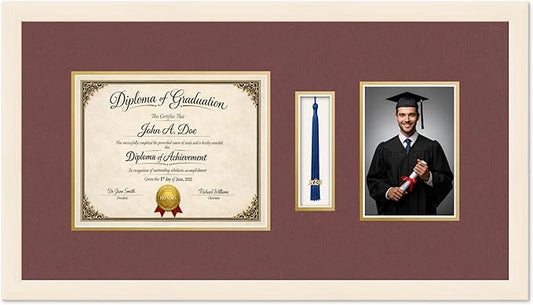Diploma Tassel and Photo Frame Coastal Whitewash Shadowbox Dark Red Over Gold Mat - Fits 10 x 8 Degree Picture Made in the USA