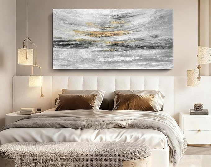 Nicetop 58x29" Modern Minimalist Black & White Abstract Coastal Wall Art with Metallic Gold Accents – Gallery Wrapped Abstract Ocean Waves & Clouds Canvas Art, Ready to Hang for Living Room Wall Decor, Bedroom Wall Art & Office Wall Decor