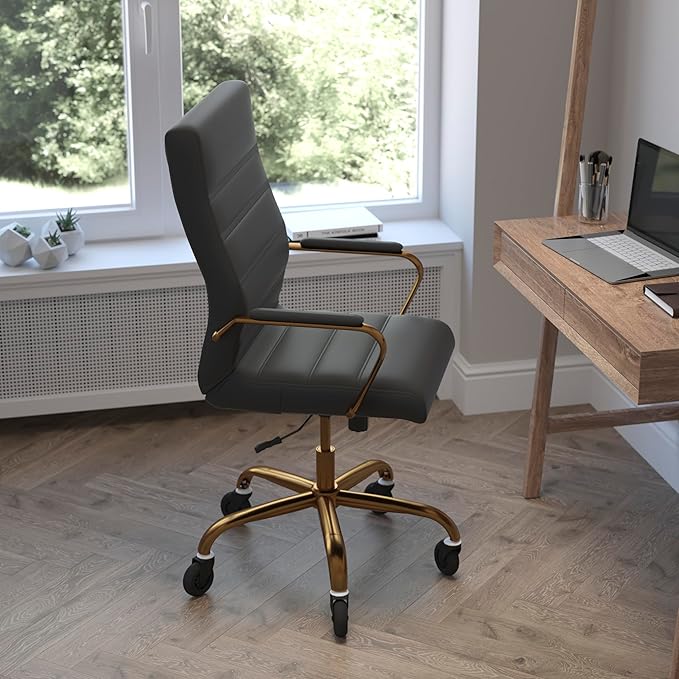 Flash Furniture Whitney High Back Black LeatherSoft Executive Swivel Office Chair with Gold Frame, Arms, and Transparent Roller Wheels