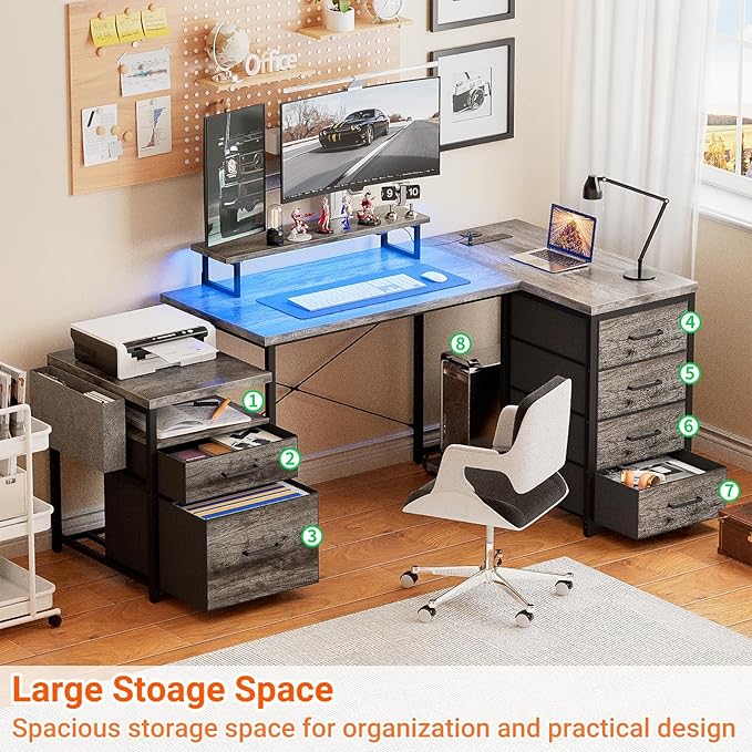 Unikito 70.8" Reversible L Shaped Computer Desk with Fabric File Drawers, Corner Desk with RGB LED Light & Power Outlets & Monitor Stand, Large Gaming Desk for Home Office Workstation, Black Oak