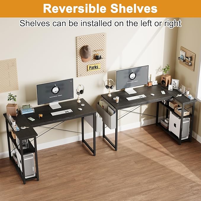 Grandder L Shaped Computer Desk with Reversible Shelves, 40 Inch Small Corner Desk with Storage Bag, Gaming Desk Computer Table Study Writing Table for Home Office Bedroom Small Space, Black