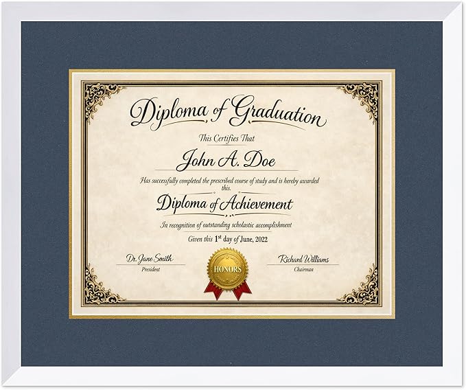 Diploma Frame Bright White with Navy Blue Over Gold Double Mat - Fits 17 x 13 International Diploma Wall Display Made in the USA