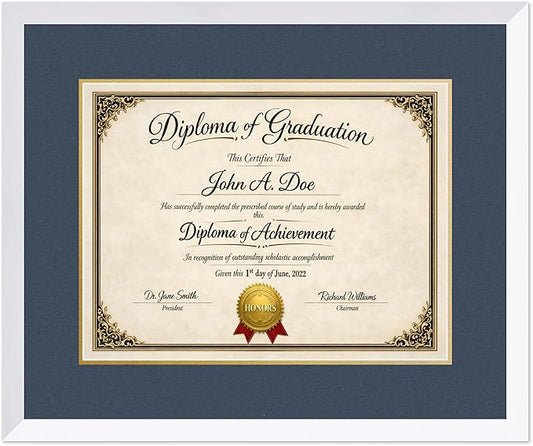 Diploma Frame Bright White with Navy Blue Over Gold Double Mat - Fits 17 x 13 International Diploma Wall Display Made in the USA