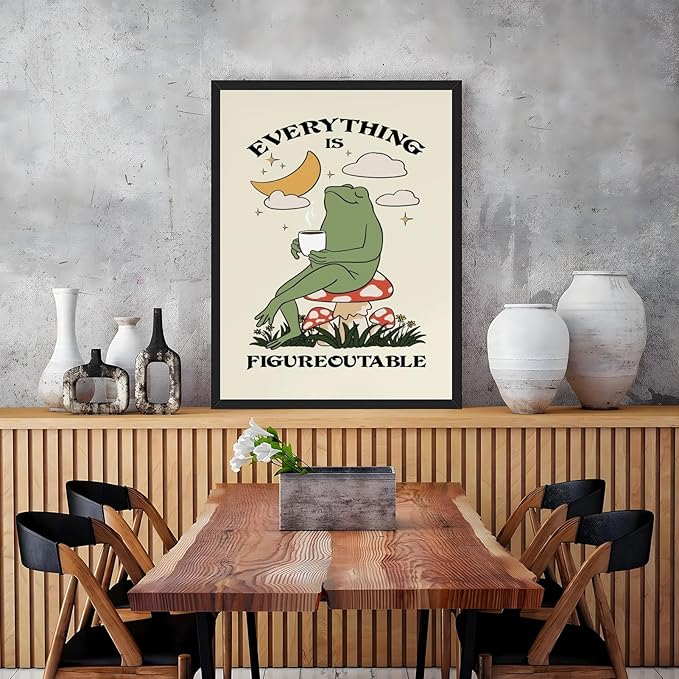 Everything Is Figureoutable Motivational Wall Art Funny Frog Coffee Inspirational Poster Positive Quote Daily Reminder Canvas Print Affirmation Wall Decor for Home Office 12x16inch Black Framed