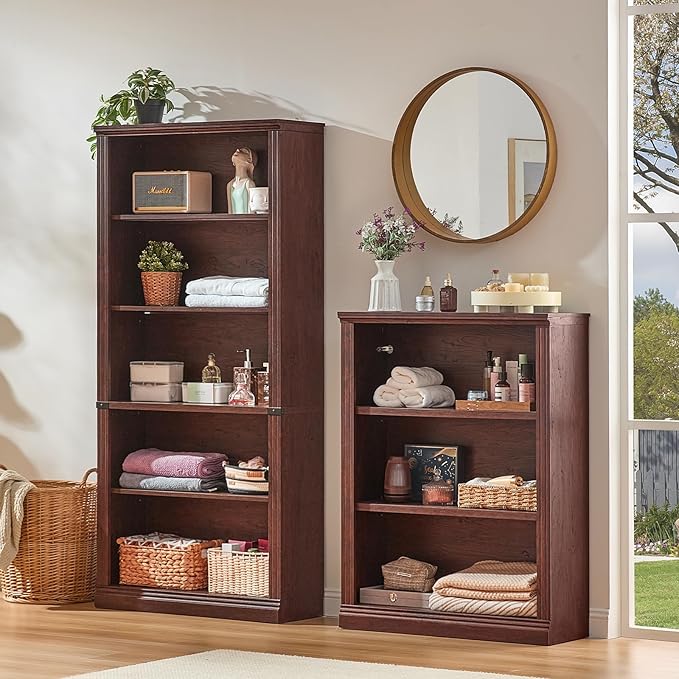 70" Walnut Tall Bookshelf Set of 4,5-Tier Thick Wooden Book Shelf with Adjustable Shelves,Free Standing Farmhouse Bookcase with Open Display Storage,Floor Vintage Bookshelves for Living Room