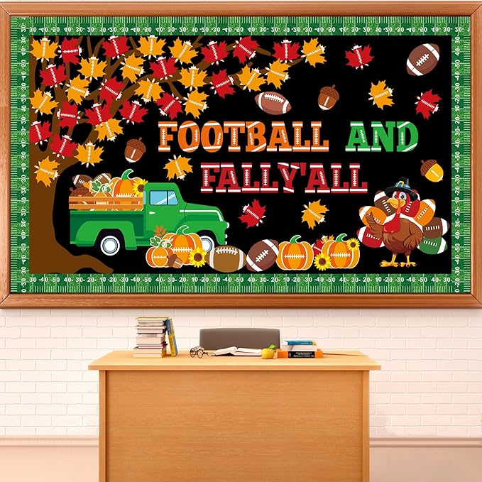 Fall Thanksgiving Football Bulletin Board Set Sports Classroom Decorations Autumn Maple Leaves Pumpkin Paper Cutouts Football Bulletin Board Border for Chalkboard Classroom Door Wall Sport Supplies