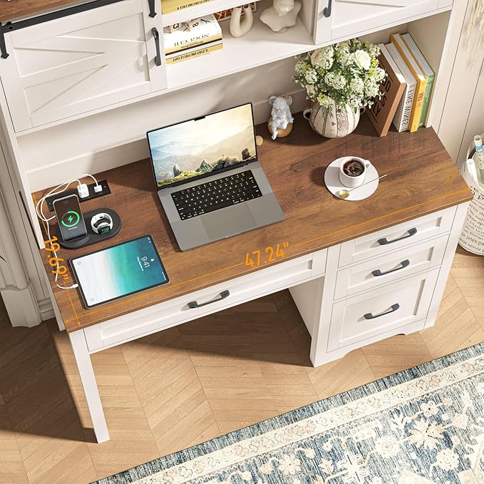 Farmhouse 67" H Executive Desk with Hutch,Office Table with LED light and 4 Drawers,Computer Desk with Charging Station,File Drawers and Storage Cabinet,Workstation for Home Office.Unique White
