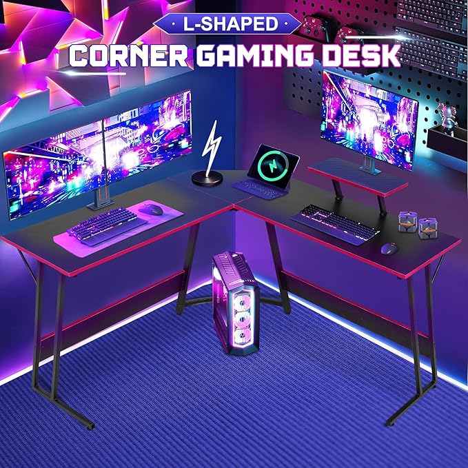 NChanmar L Shaped Gaming Desk with Monitor Riser Stand, Home Office Corner Desk for Studying, Working, Large Desktop, Black