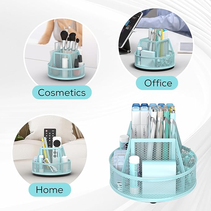 YINGHUA Metal Mesh Desk Organizer with 5 Compartments and Rotating Pencil Holder Pen and Stationery Organizer for Office Home School Anti Slip Base Blue