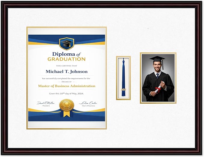 Diploma Tassel and Photo Frame Executive Brown Shadowbox Oyster Shell Over Gold Mat - Fits 11 x 14 Degree Picture Made in the USA