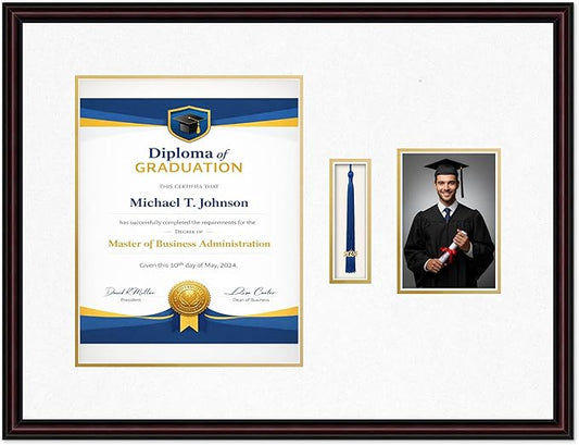 Diploma Tassel and Photo Frame Executive Brown Shadowbox Oyster Shell Over Gold Mat - Fits 11 x 14 Degree Picture Made in the USA