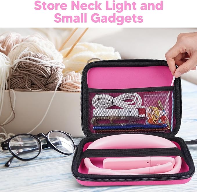 Pink Neck Light with Storage Case, Mothers Day Gifts for Wife Women Book Lovers Knitters Crafters, 10-80Hrs Eye-friendly Book Reading Lamp Knitting Crochet Sewing Craft Light Rechargeable Adjustable