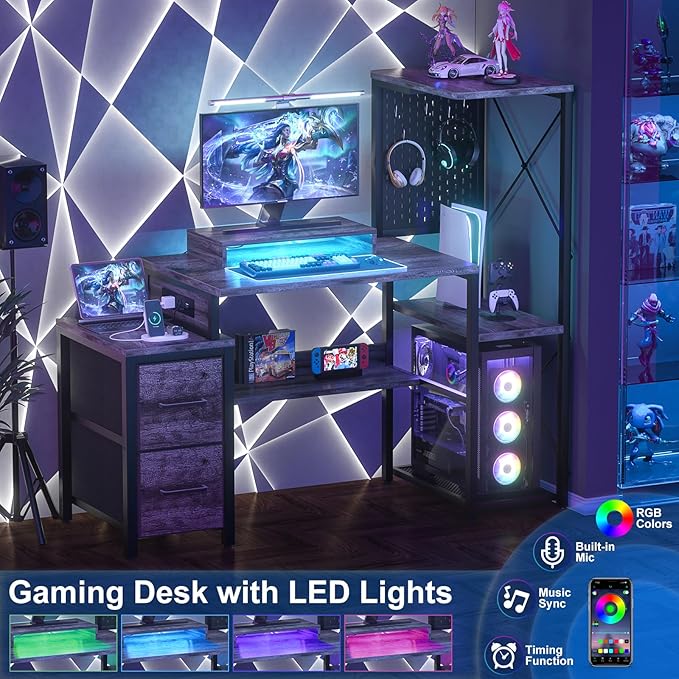 Small Gaming Desk with 2 Fabric Drawers - Reversible Computer Desk with Power Outlet & LED Lights, 49" Office Desk with Monitor Stand & Storage Shelves, Writing Study Table with Pegboard, Grey Oak