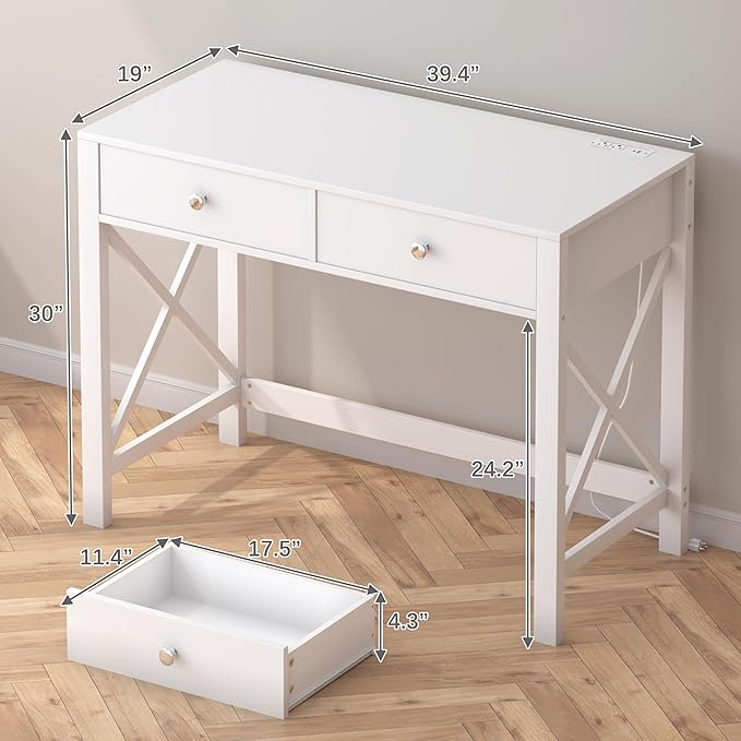 WiberWi Home Office Desk with Drawers, White Modern Writing Computer Desk with Power Outlets, Small Makeup Vanity Table for Bedroom, Study Table for Home Office