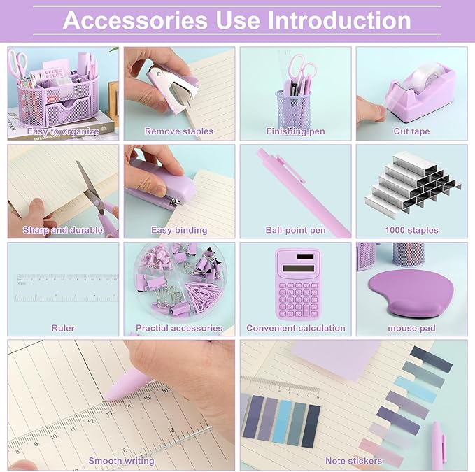 VAIPI 17 Pcs Purple Office Supplies Set Desk Organizers and Accessories with Mouse Pad, Calculator, Stapler, Staples, Scissors, Pens, Sticky Notes, Page Markers for Office School Home