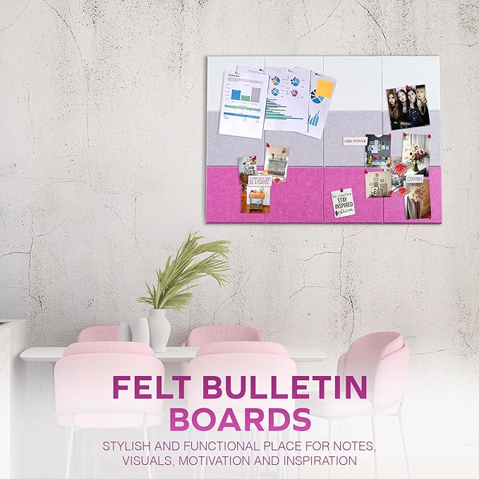 Bulletin Board 40x30in, 12 Count 9.8 x 9.8in Felt Wall Tiles with Removable Adhesive Tape, Cork Board Alternative for Walls, Wall Decor, Kids Art Display, Kids Room (Magenta Accent Collection)