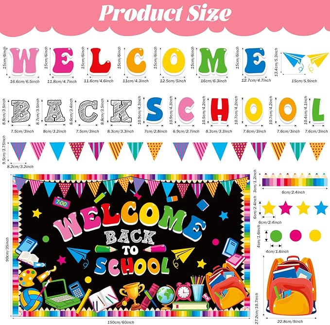 Welcome Back to School Bulletin Board Decorations First Day of School Theme Classroom Bulletin Board Border Set Pencil Notebook Schoolbag Paper Cutouts Preschool Chalkboard Wall Decor