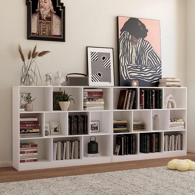 10-Cube Wooden Bookshelf with Base,3-Tier Freestanding Open Storage Organizer,Multi-Functional Bookcase for Living Room,Bedroom,Study and Office