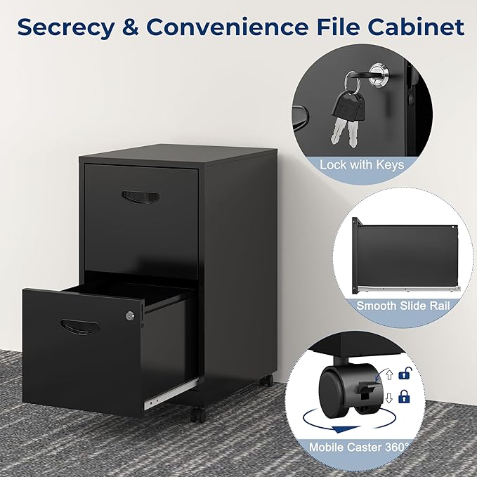 2 Drawer File Cabinet with Lock, Filing Cabinets with Wheels, Rolling File Cabinets for Home Office, Metal Office File Cabinet, for Holding Letters and File Boxes, Assembly Required, Black