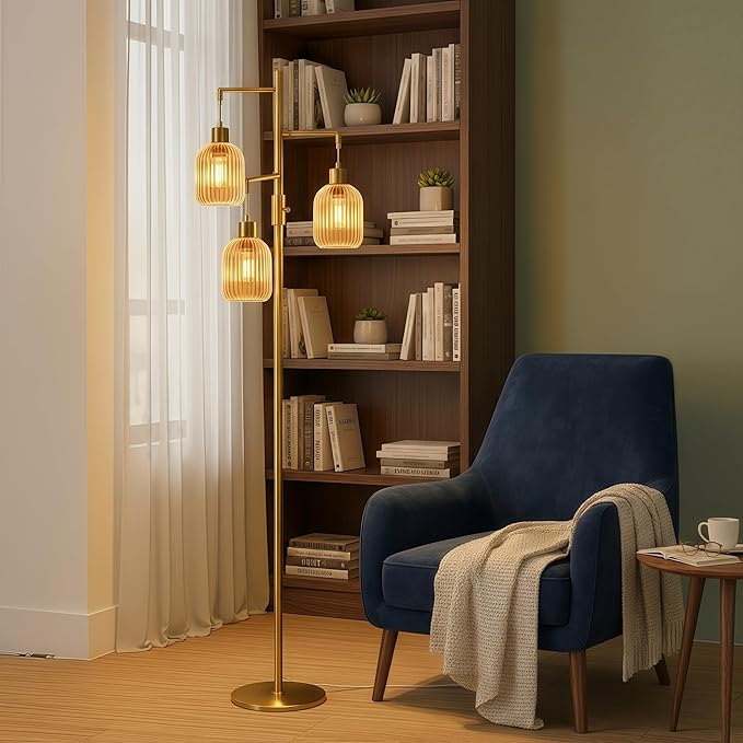 Modern Floor Lamp for Living Room, Dimmable Glass Standing Lamp Vintage Retro 3 Lights Tall Floor Lamps with Amber Lamp Shade Mid Century Tree Lamp, 3×6W Bulbs Included