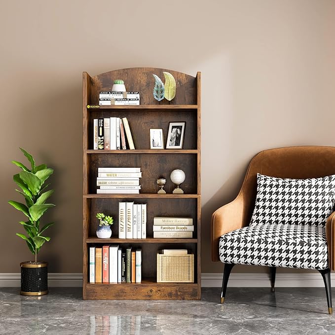 5 Shelf Bookcase Bookshelf, Open Bookcase Storage Shelves Floor Standing Unit Display Rack Mid-Century Modern Bookcase Retro Wood Bookshelves Storage Organizer Shelf for Bedroom,Living Room