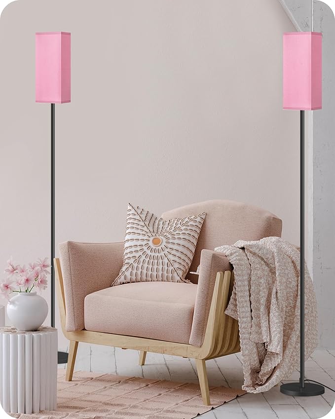2 Pack Floor Lamp, Pole Lamp with Foot Switch, Modern Standing Lampshade, Minimalist Freestanding Lamp (Bulb Not Included), for Living Room, Bedroom Office, Black and Pink P07LDP205