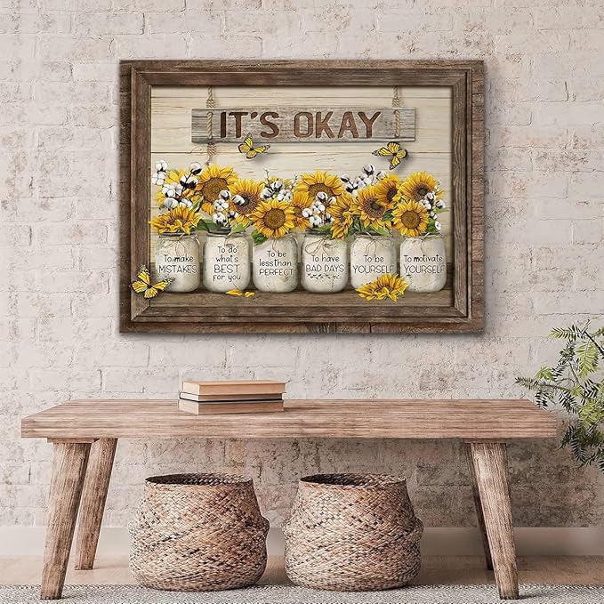 Parylore Sunflower Wall Art Canvas Print Wall Decor It'S Okay Quotes Inspirational Painting Framed Modern Artwork for Living Room Bedroom Bathroom Office Home Decor 16x24 In