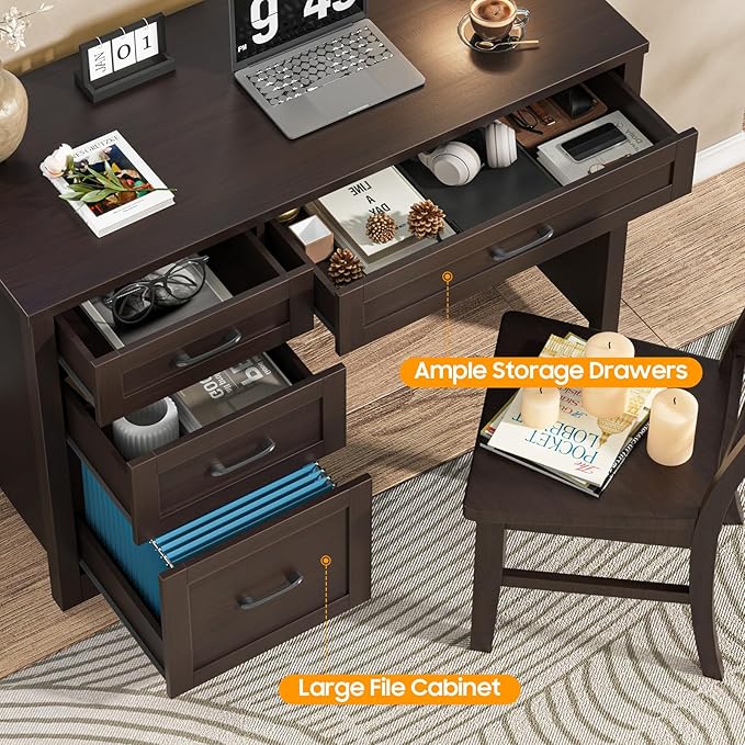 Vabches Farmhouse 47" Executive Desk with File Drawer, Wood Computer Desk with 3 Storage Drawers, Workstation for Home Office, Study, Writing.Espresso